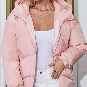 Drop Shoulder Zipper Hooded Down Coat (SHEIN)